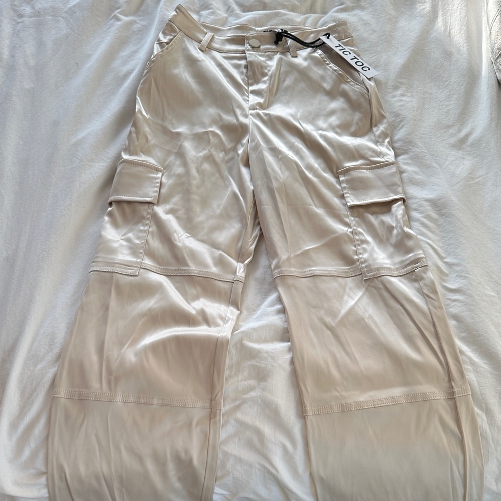 Cream Satin Cargo Pants